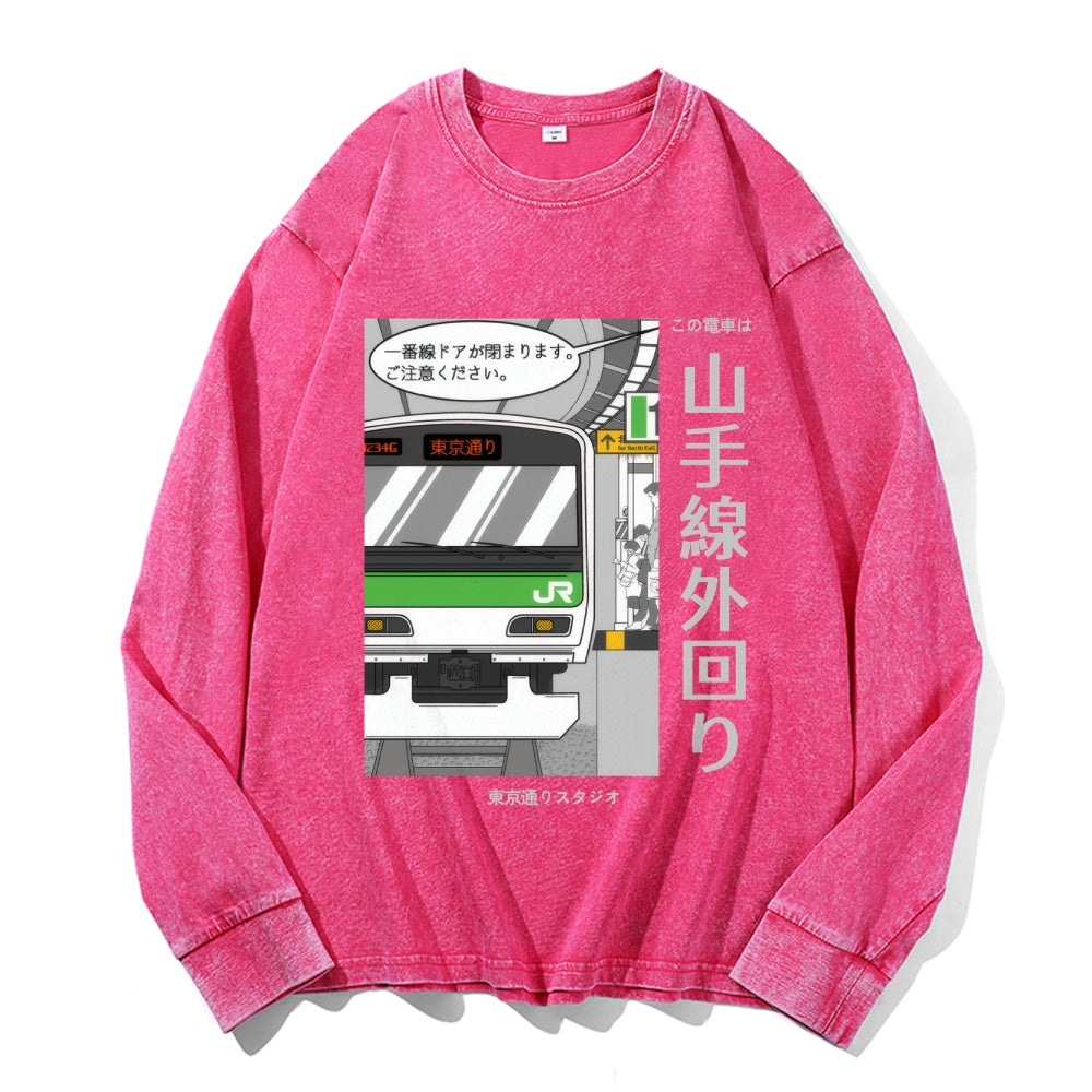 Yamanote Line Vintage Cotton Wash Crewneck Long-Sleeve T-Shirt