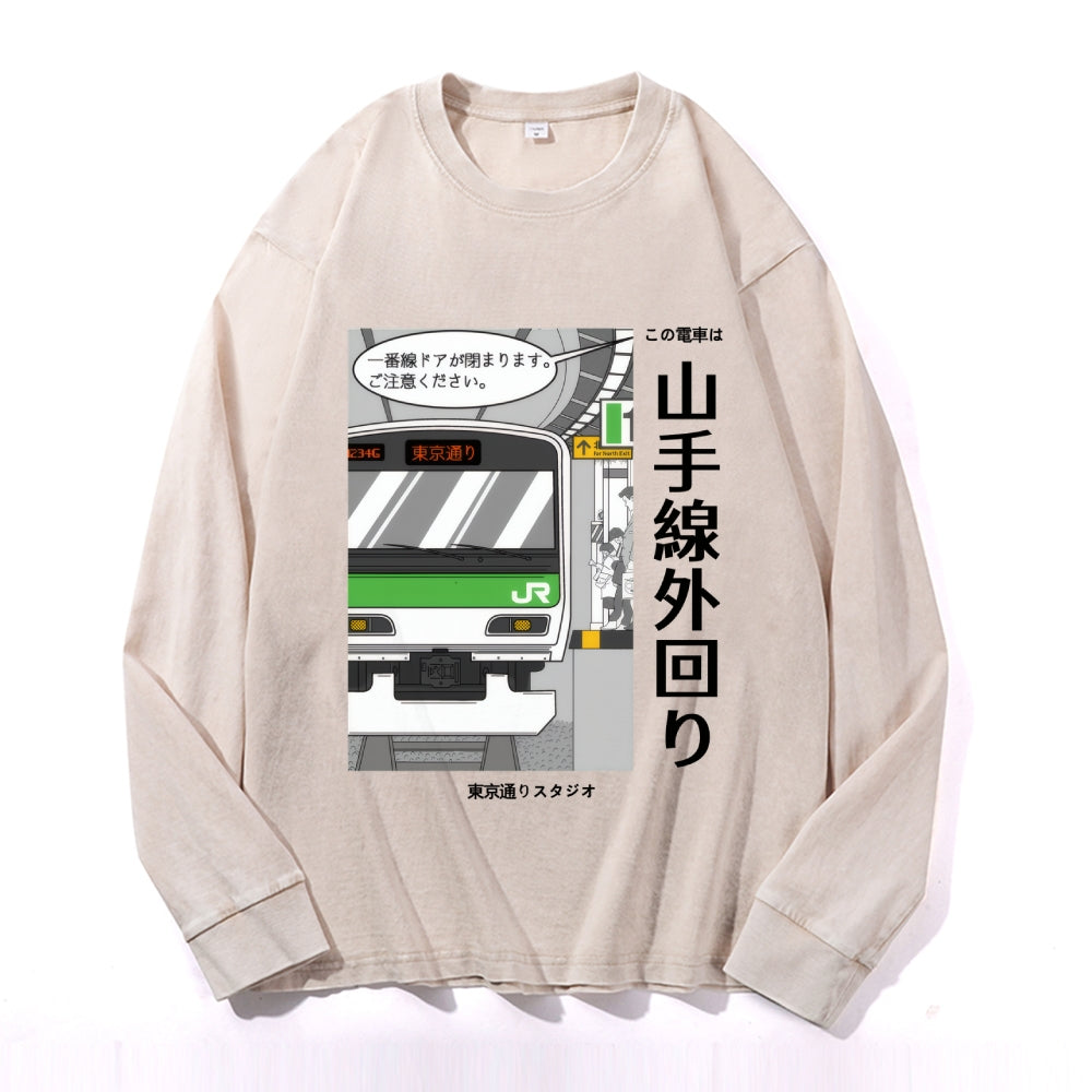 Yamanote Line Vintage Cotton Wash Crewneck Long-Sleeve T-Shirt