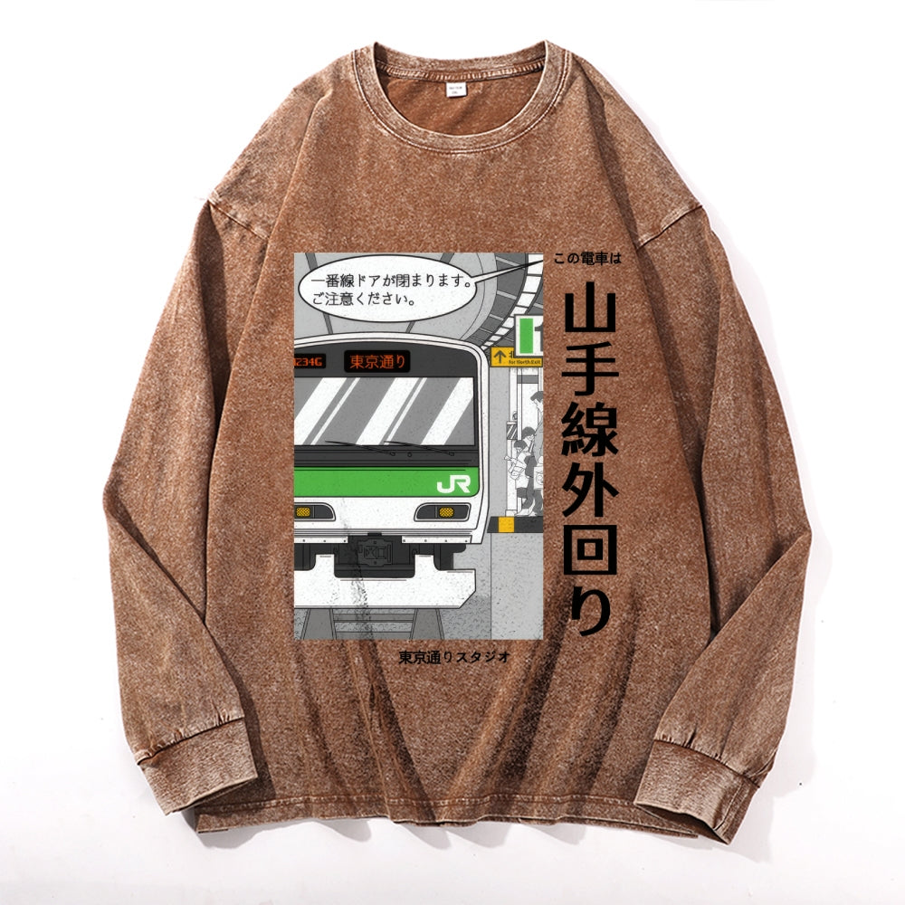 Yamanote Line Vintage Cotton Wash Crewneck Long-Sleeve T-Shirt