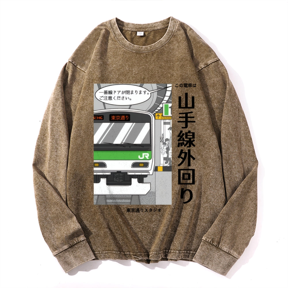 Yamanote Line Vintage Cotton Wash Crewneck Long-Sleeve T-Shirt