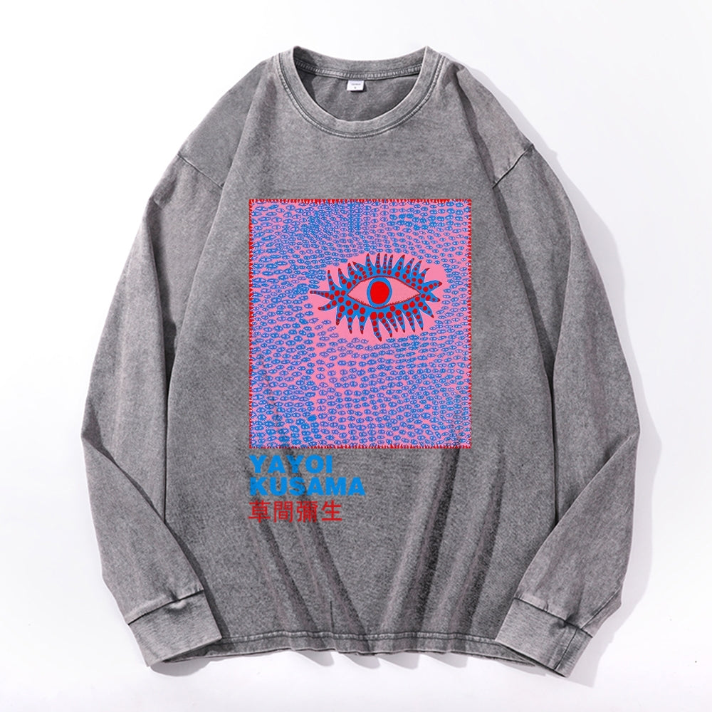 Yayoi Kusama Eyes Vintage Cotton Wash Crewneck Long-Sleeve T-Shirt