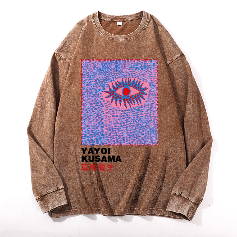 Yayoi Kusama Eyes Vintage Cotton Wash Crewneck Long-Sleeve T-Shirt
