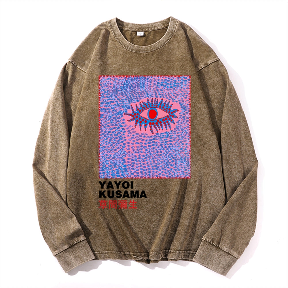Yayoi Kusama Eyes Vintage Cotton Wash Crewneck Long-Sleeve T-Shirt