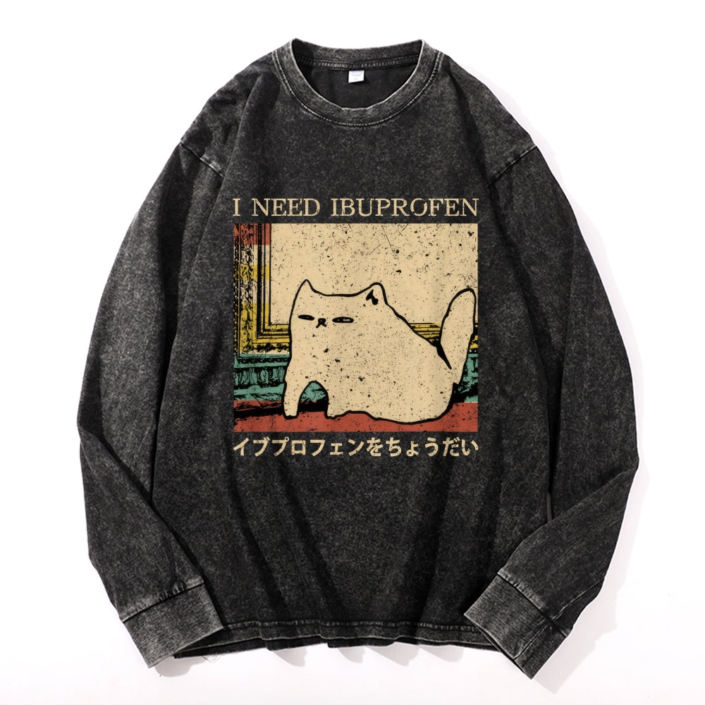Ibuprofen Cat Vintage Cotton Wash Crewneck Long-Sleeve T-Shirt