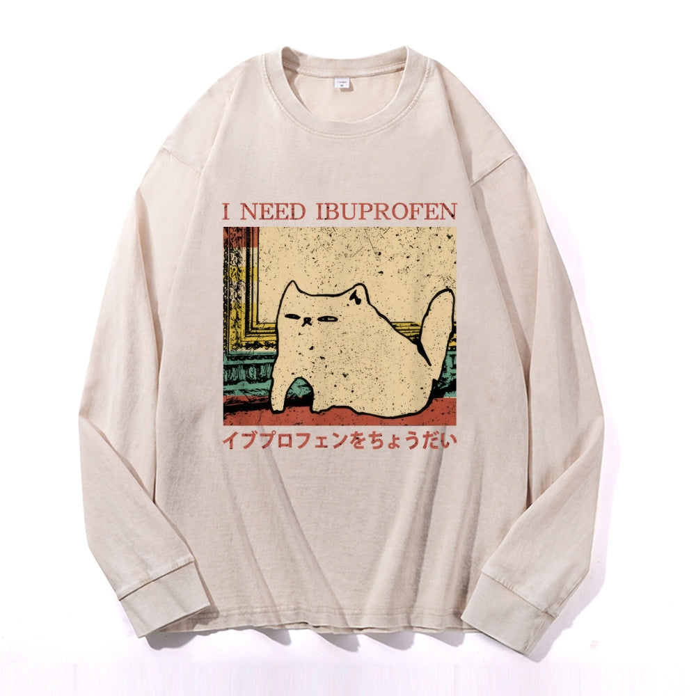 Ibuprofen Cat Vintage Cotton Wash Crewneck Long-Sleeve T-Shirt