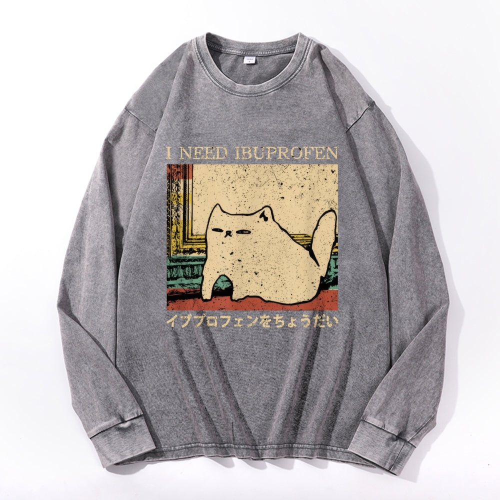 Ibuprofen Cat Vintage Cotton Wash Crewneck Long-Sleeve T-Shirt