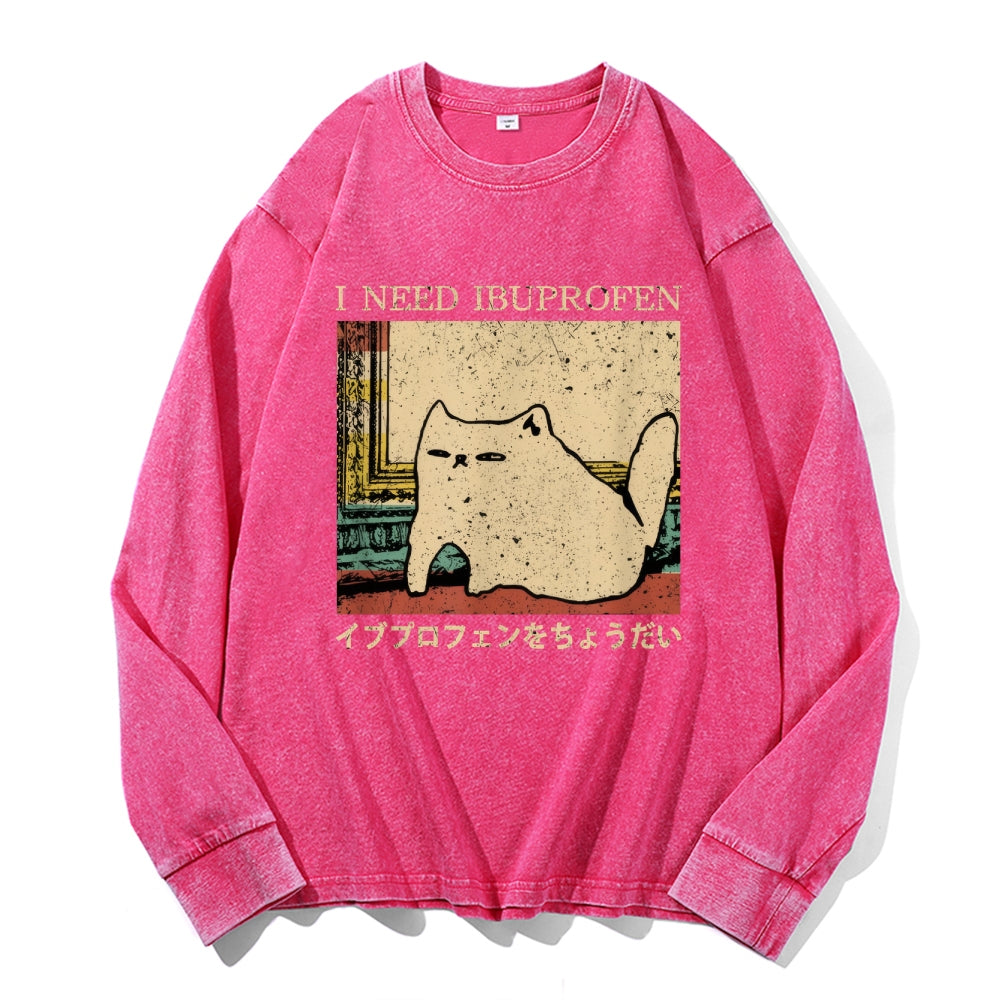 Ibuprofen Cat Vintage Cotton Wash Crewneck Long-Sleeve T-Shirt