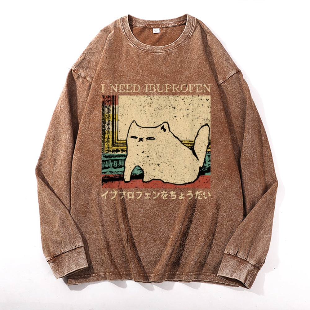 Ibuprofen Cat Vintage Cotton Wash Crewneck Long-Sleeve T-Shirt