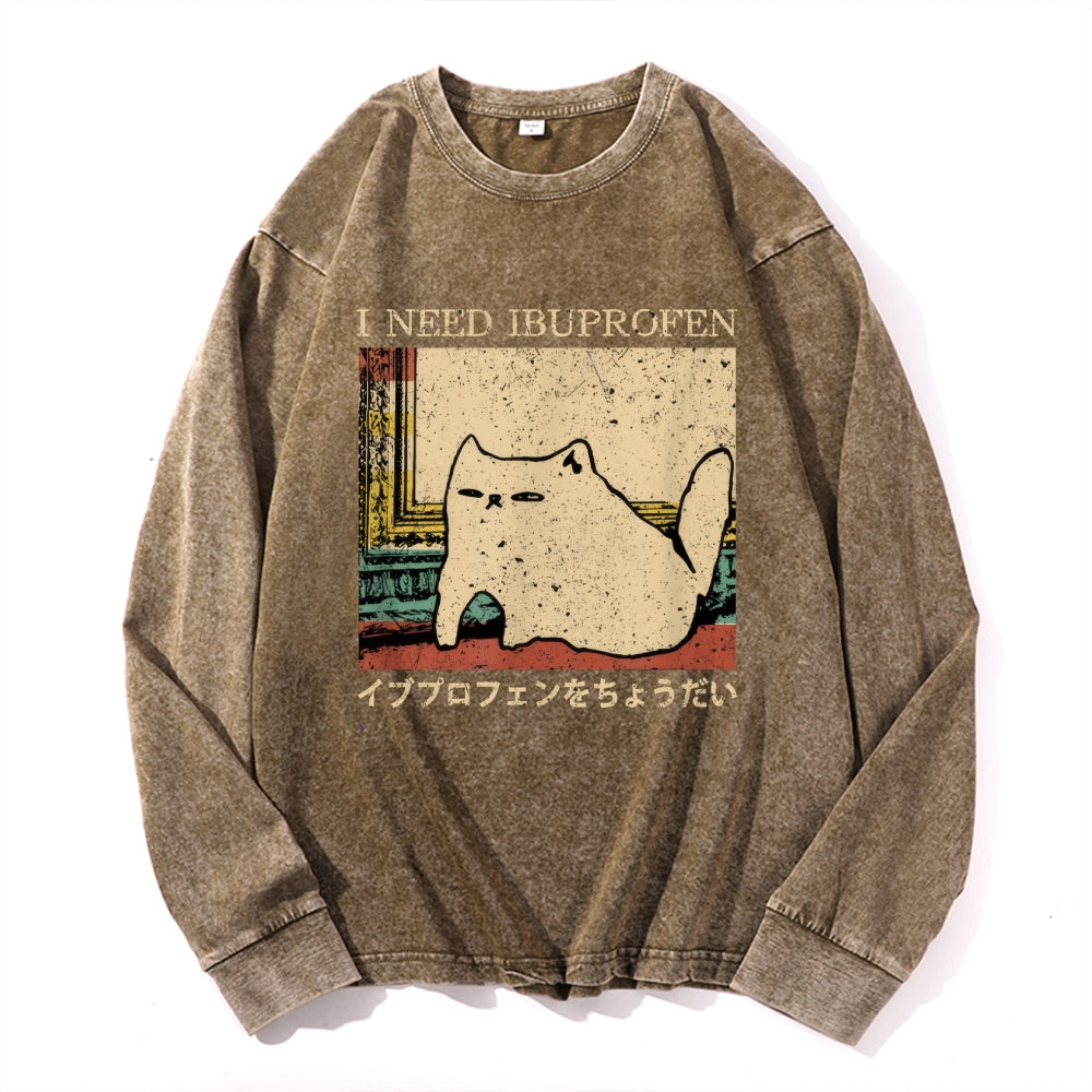 Ibuprofen Cat Vintage Cotton Wash Crewneck Long-Sleeve T-Shirt
