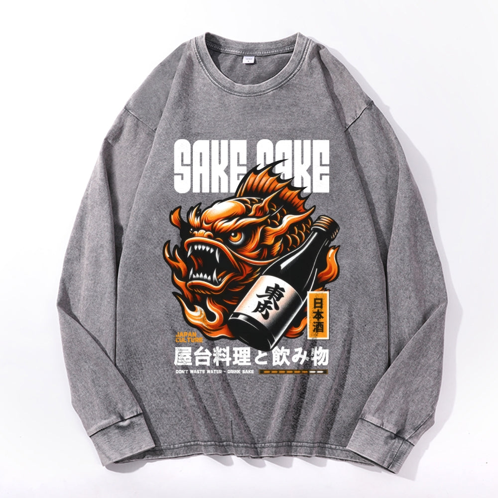 Sake Vintage Cotton Wash Crewneck Long-Sleeve T-Shirt
