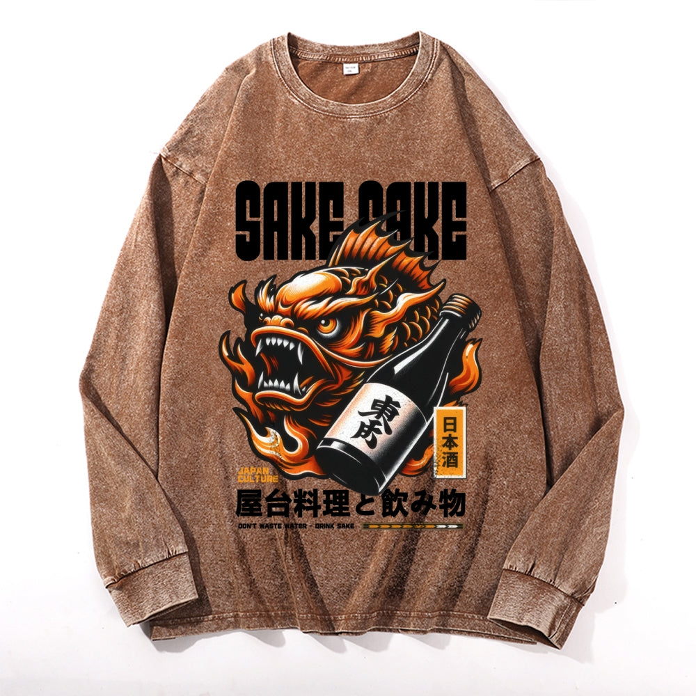 Sake Vintage Cotton Wash Crewneck Long-Sleeve T-Shirt