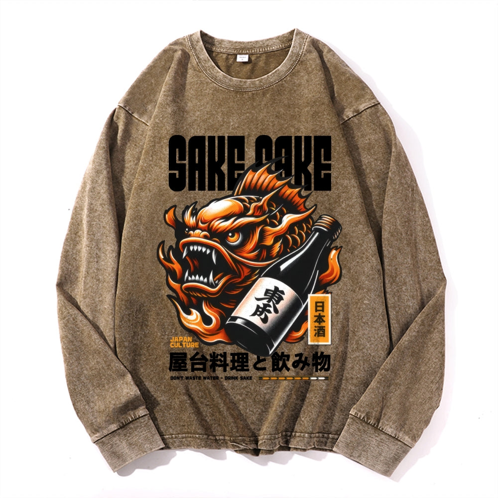 Sake Vintage Cotton Wash Crewneck Long-Sleeve T-Shirt