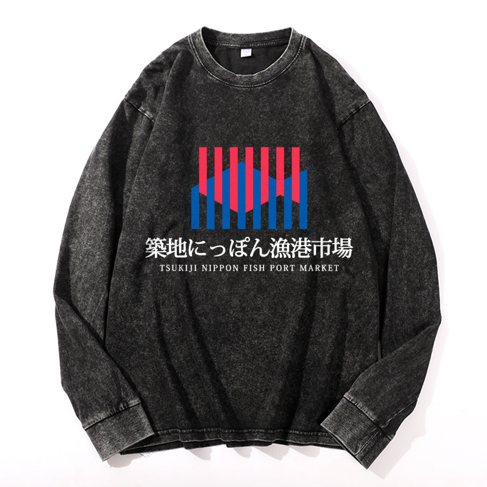 Tsukiji Market Vintage Cotton Wash Crewneck Long-Sleeve T-Shirt