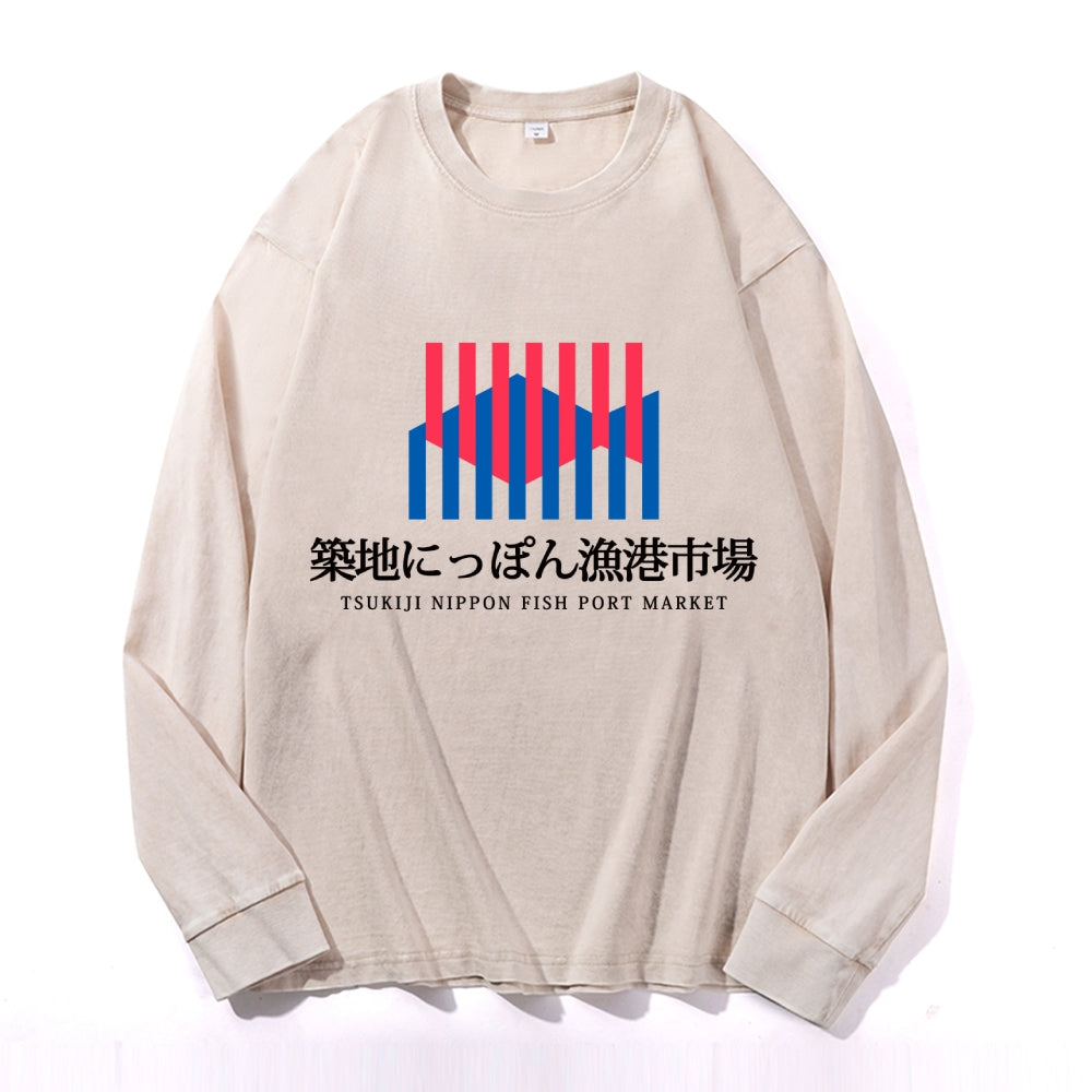 Tsukiji Market Vintage Cotton Wash Crewneck Long-Sleeve T-Shirt