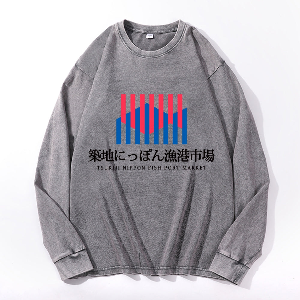 Tsukiji Market Vintage Cotton Wash Crewneck Long-Sleeve T-Shirt