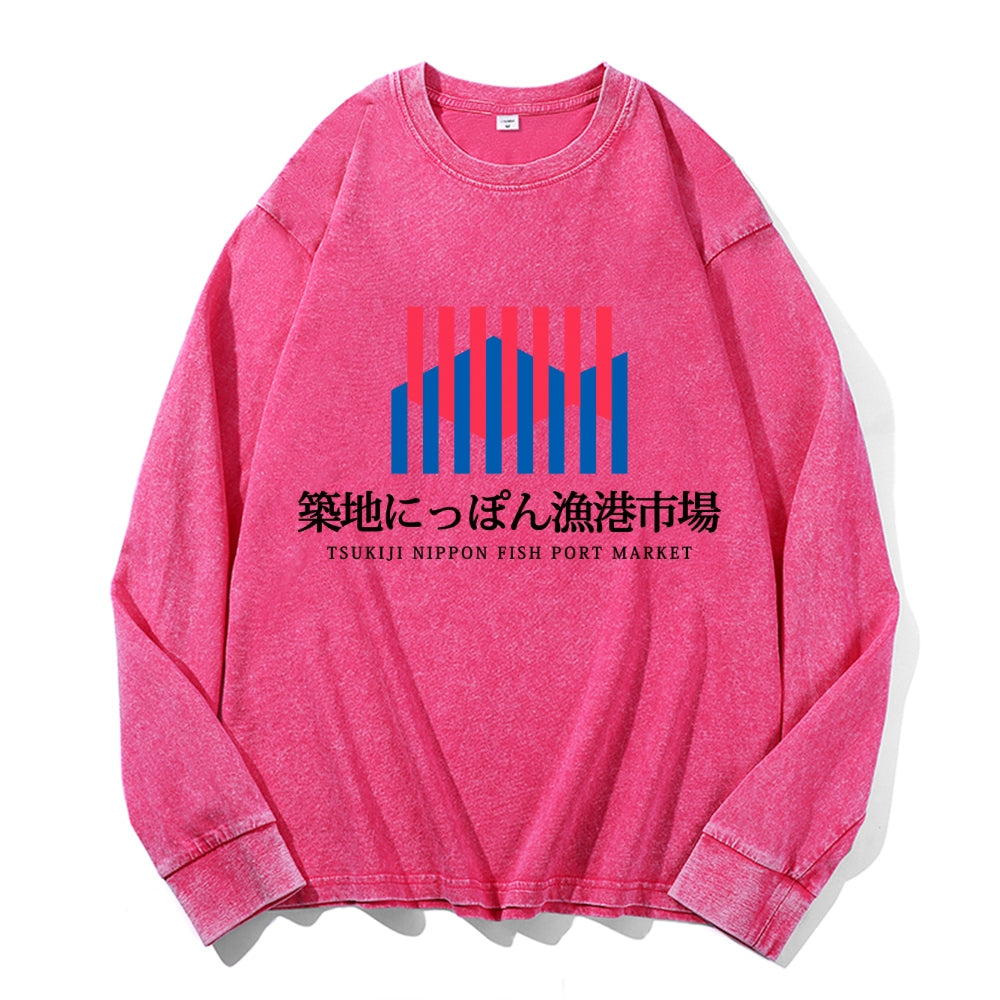 Tsukiji Market Vintage Cotton Wash Crewneck Long-Sleeve T-Shirt