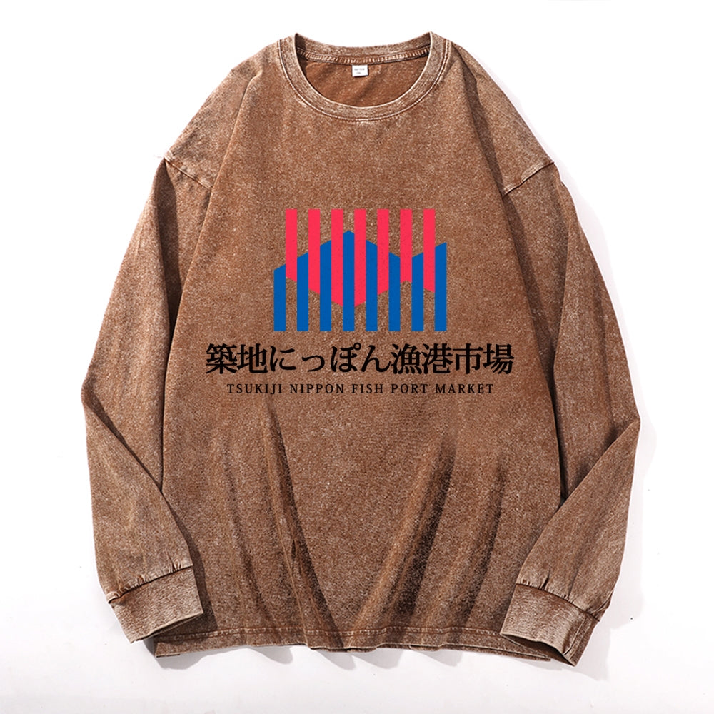 Tsukiji Market Vintage Cotton Wash Crewneck Long-Sleeve T-Shirt
