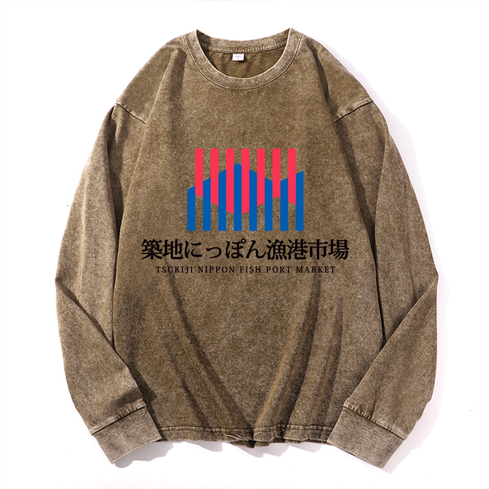 Tsukiji Market Vintage Cotton Wash Crewneck Long-Sleeve T-Shirt