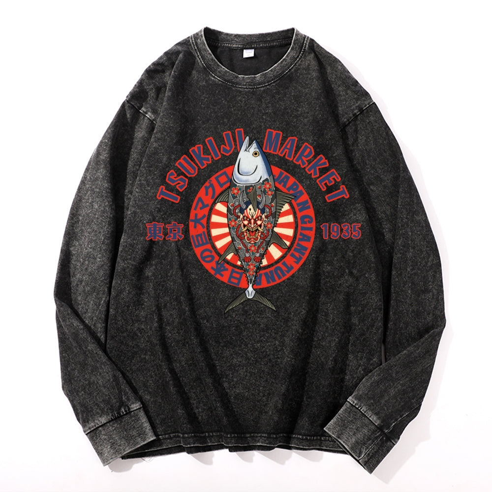 Tsukiji Giant Tuna Vintage Cotton Wash Crewneck Long-Sleeve T-Shirt