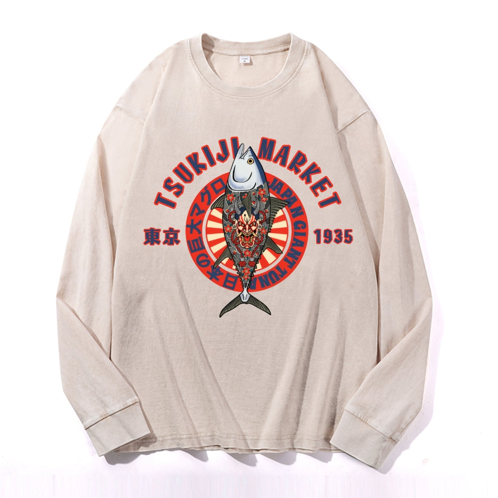 Tsukiji Giant Tuna Vintage Cotton Wash Crewneck Long-Sleeve T-Shirt