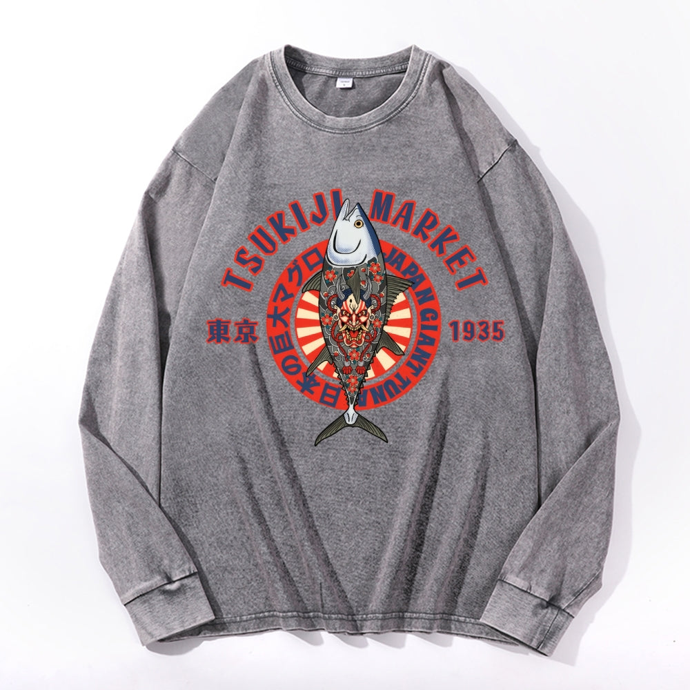 Tsukiji Giant Tuna Vintage Cotton Wash Crewneck Long-Sleeve T-Shirt
