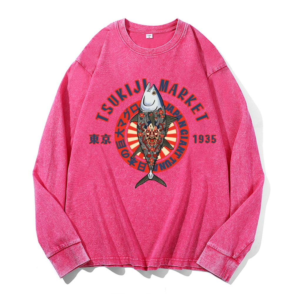 Tsukiji Giant Tuna Vintage Cotton Wash Crewneck Long-Sleeve T-Shirt