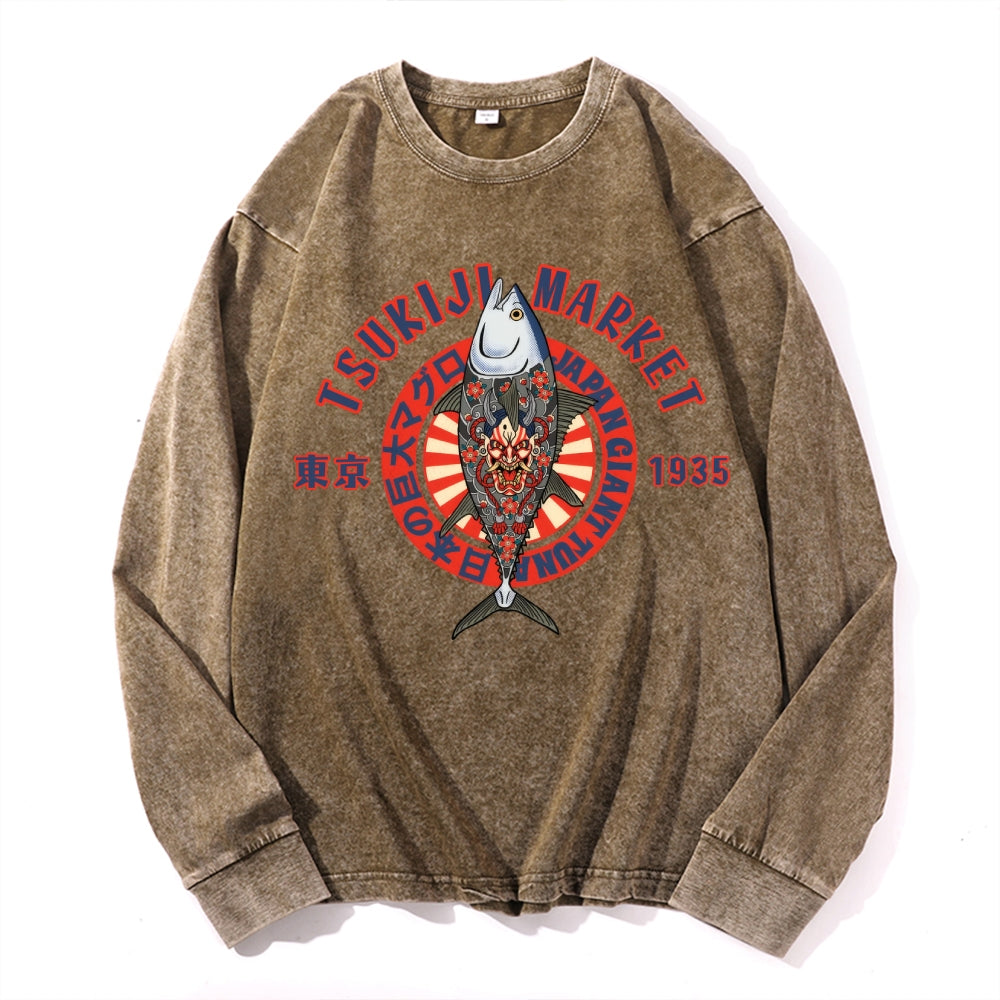 Tsukiji Giant Tuna Vintage Cotton Wash Crewneck Long-Sleeve T-Shirt