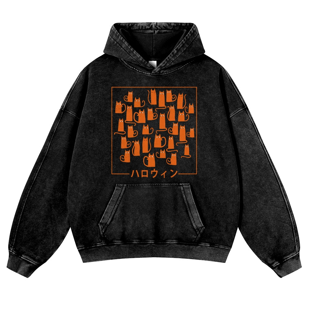 Halloween Cat Vintage Washed Thick Cotton Hoodie