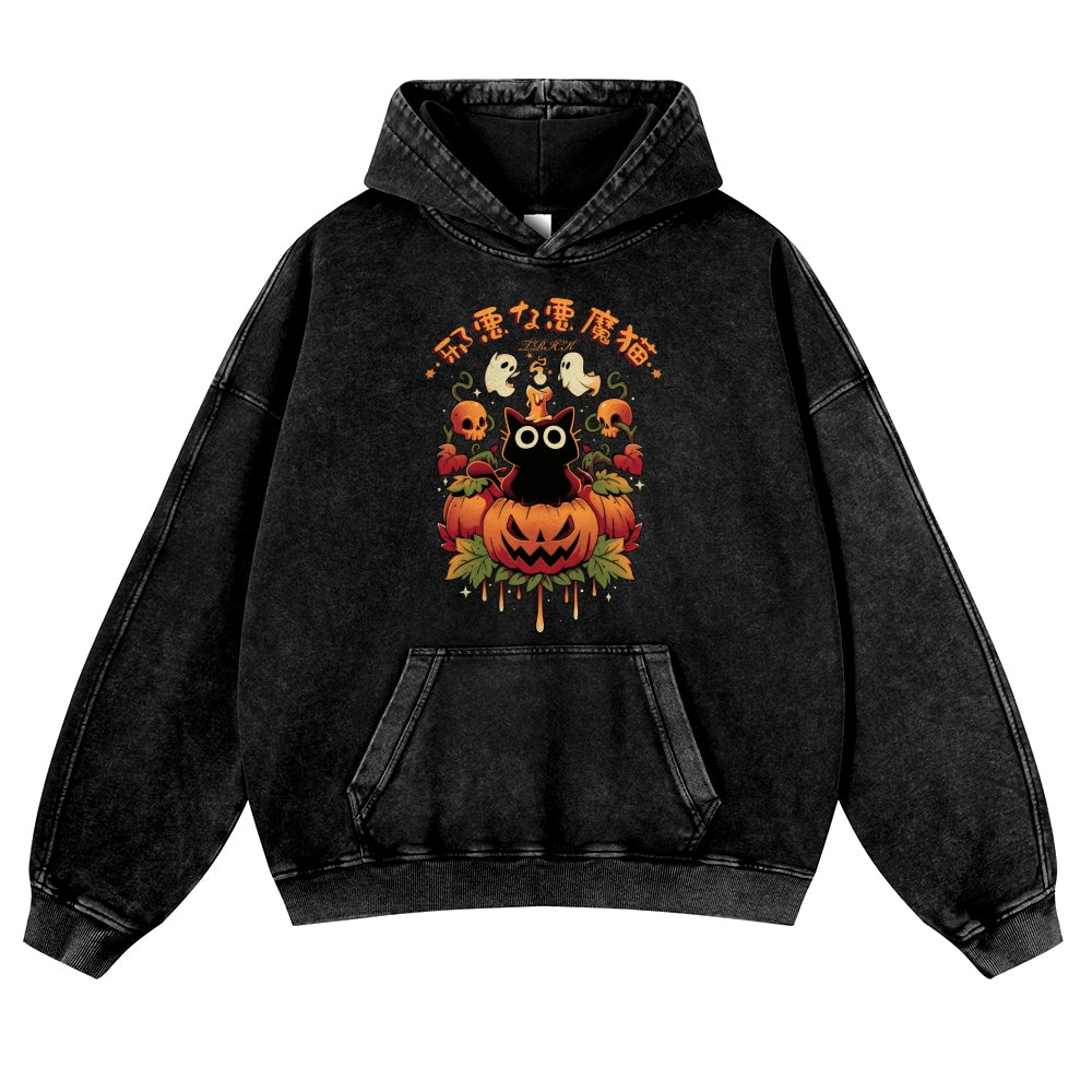 Halloween Pumpkin Cat Vintage Washed Thick Cotton Hoodie