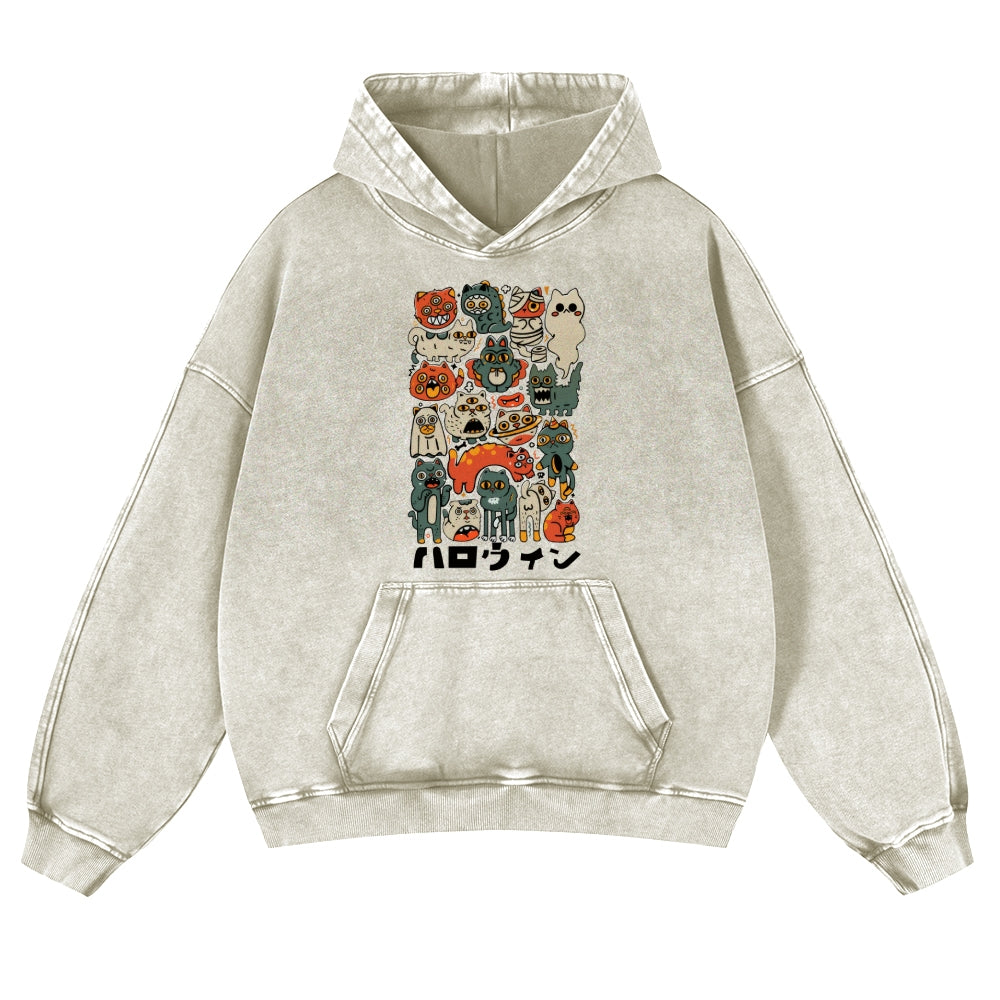 Halloween Cat Vintage Washed Thick Cotton Hoodie