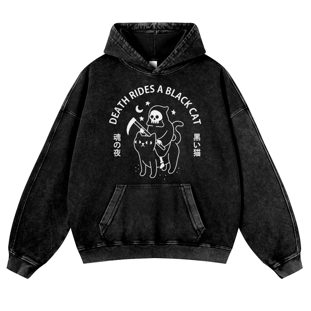 Death Rides A Black Cat Vintage Washed Thick Cotton Hoodie