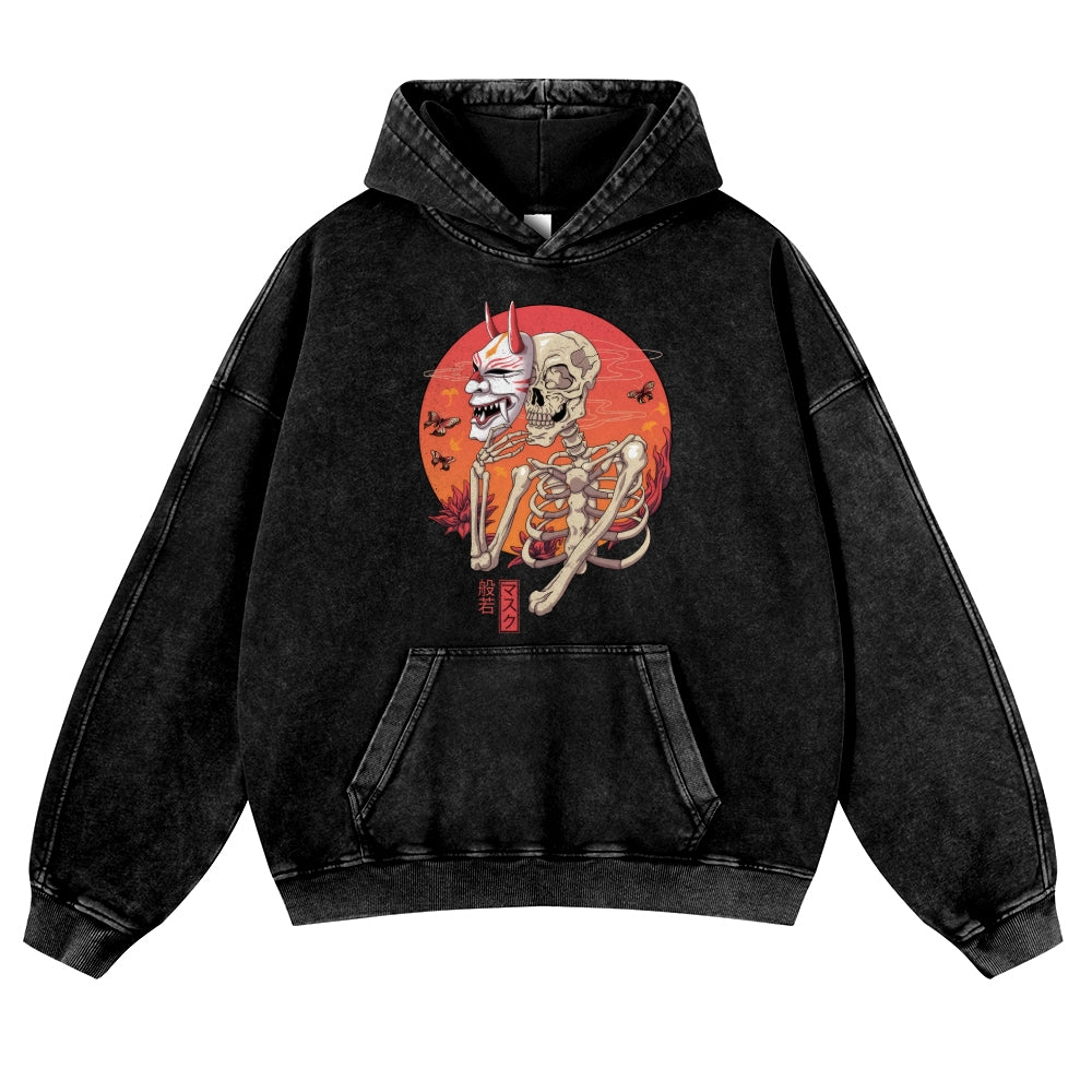 Hannya Yokai Mask Vintage Washed Thick Cotton Hoodie