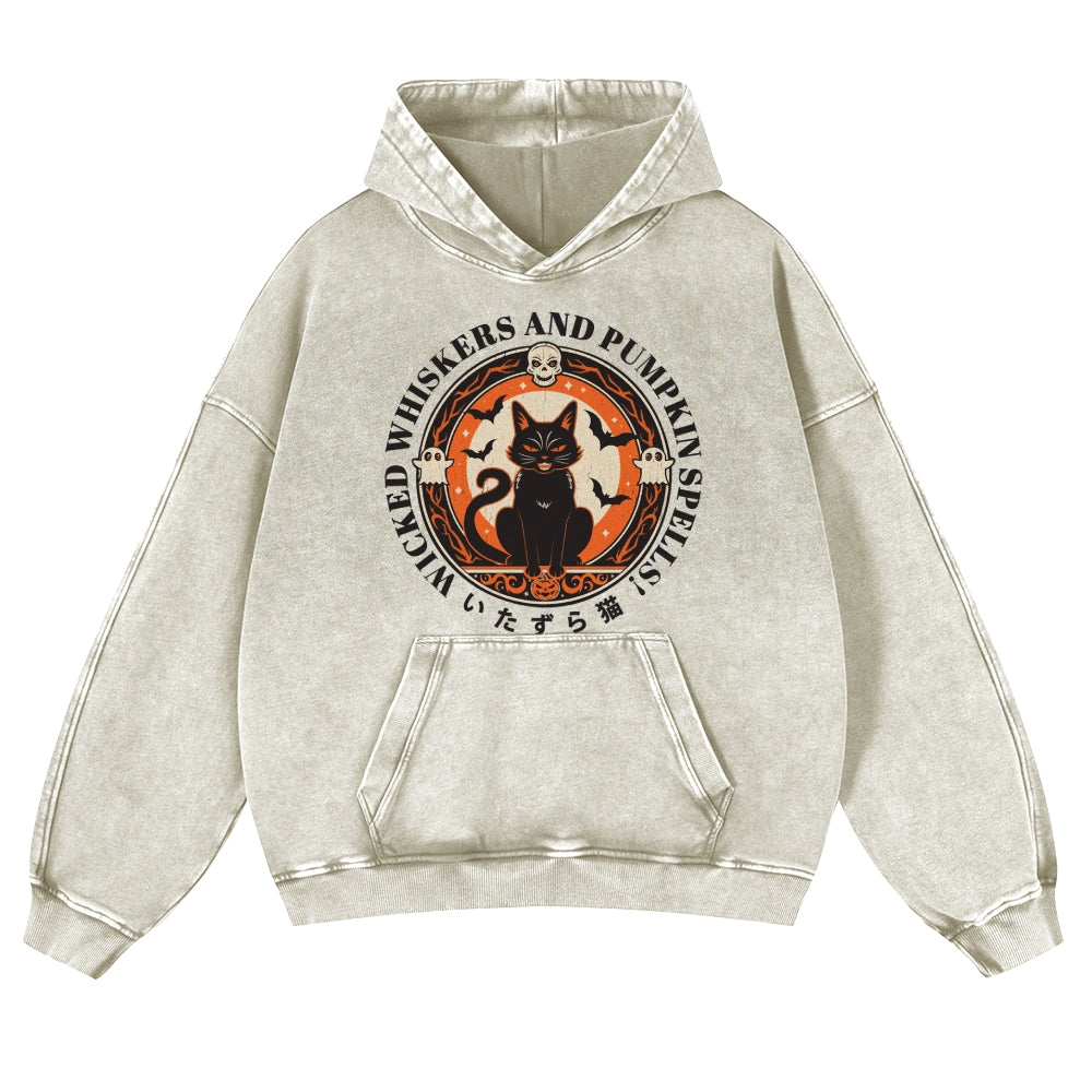 Halloween Cat Vintage Washed Thick Cotton Hoodie