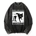 Funny Black Cat Vintage Cotton Wash Crewneck Long-Sleeve T-Shirt