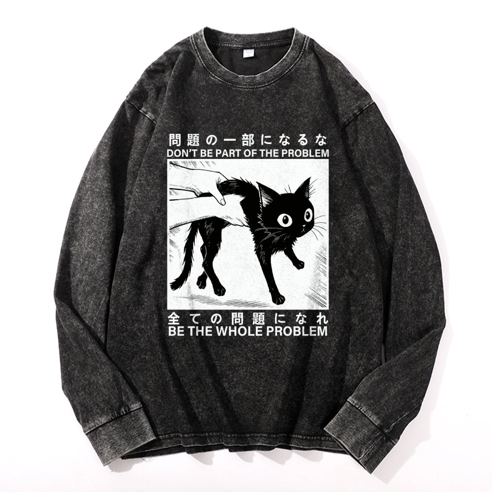 Funny Black Cat Vintage Cotton Wash Crewneck Long-Sleeve T-Shirt