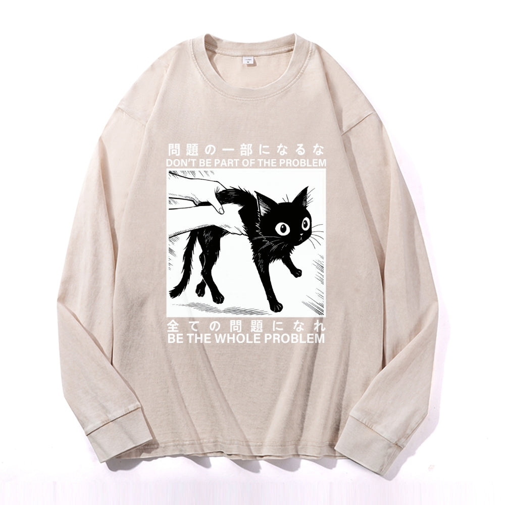 Funny Black Cat Vintage Cotton Wash Crewneck Long-Sleeve T-Shirt