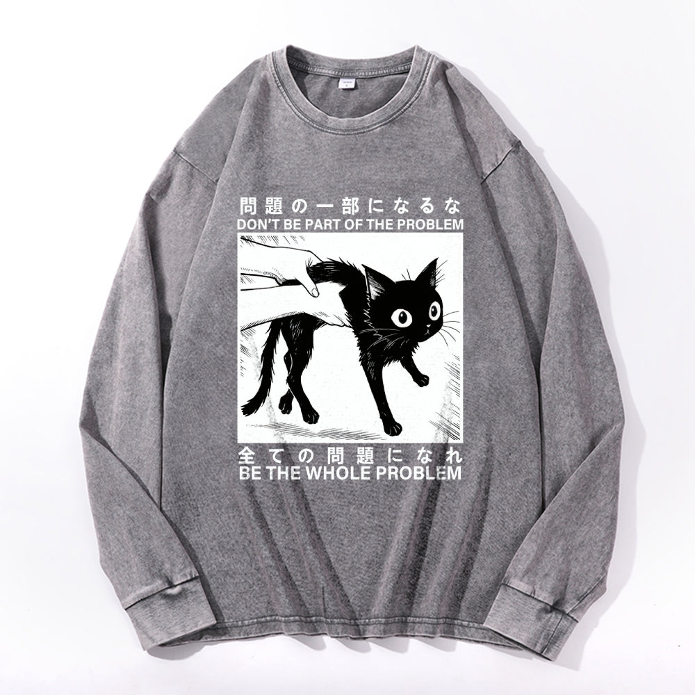 Funny Black Cat Vintage Cotton Wash Crewneck Long-Sleeve T-Shirt