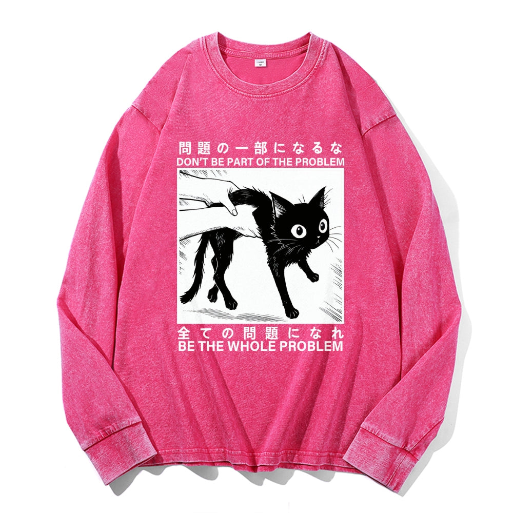 Funny Black Cat Vintage Cotton Wash Crewneck Long-Sleeve T-Shirt