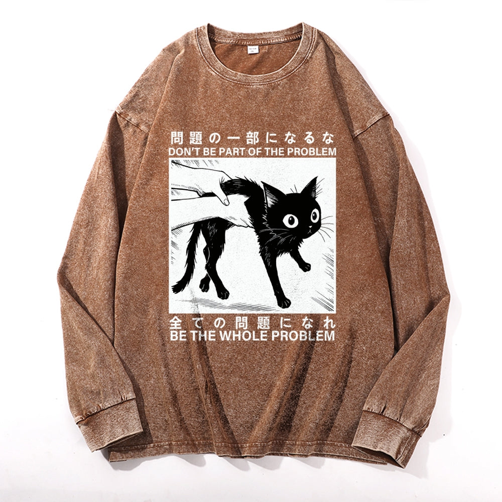 Funny Black Cat Vintage Cotton Wash Crewneck Long-Sleeve T-Shirt
