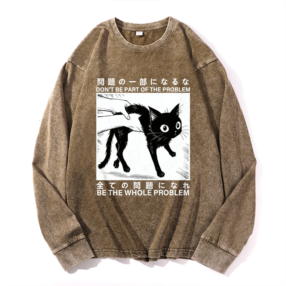 Funny Black Cat Vintage Cotton Wash Crewneck Long-Sleeve T-Shirt