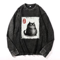 Auspicious Fluffy Black Cat Ink Painting Vintage Cotton Wash Crewneck Long-Sleeve T-Shirt