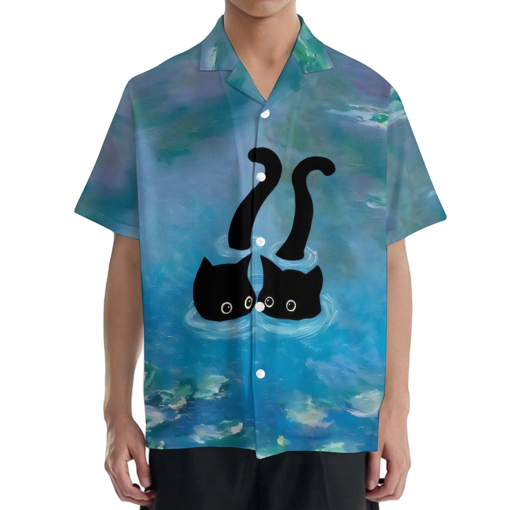 Monet Water Lilies Cat Japanese Style Camp Shirt