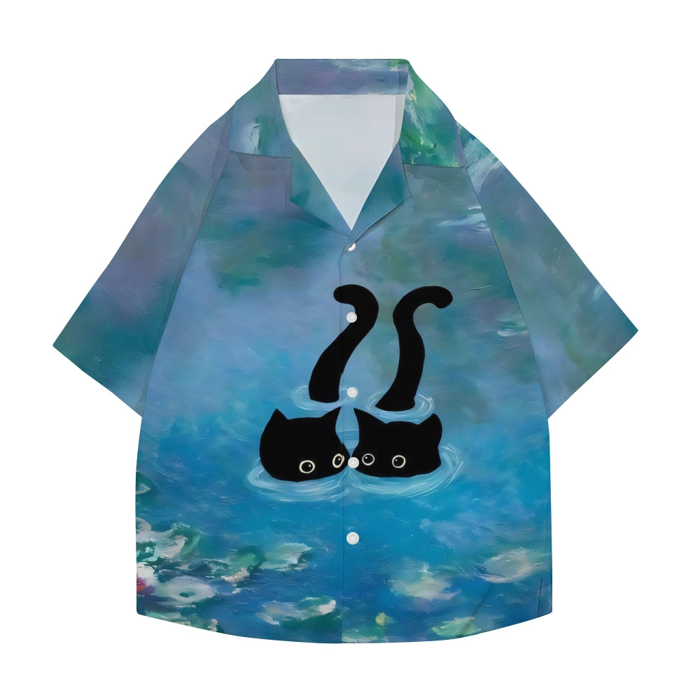 Monet Water Lilies Cat Japanese Style Camp Shirt