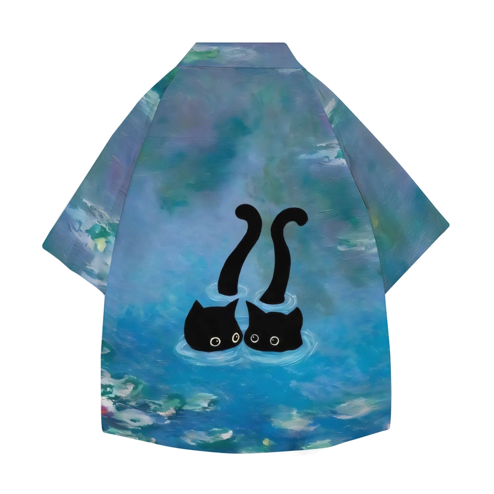 Monet Water Lilies Cat Japanese Style Camp Shirt