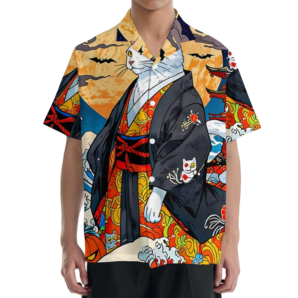 Pumpkin Cat Ukiyoe Japanese Style Camp Shirt