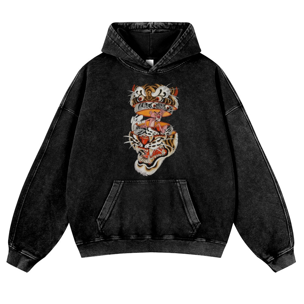 Pink Tiger Tattoo Vintage Washed Thick Cotton Hoodie
