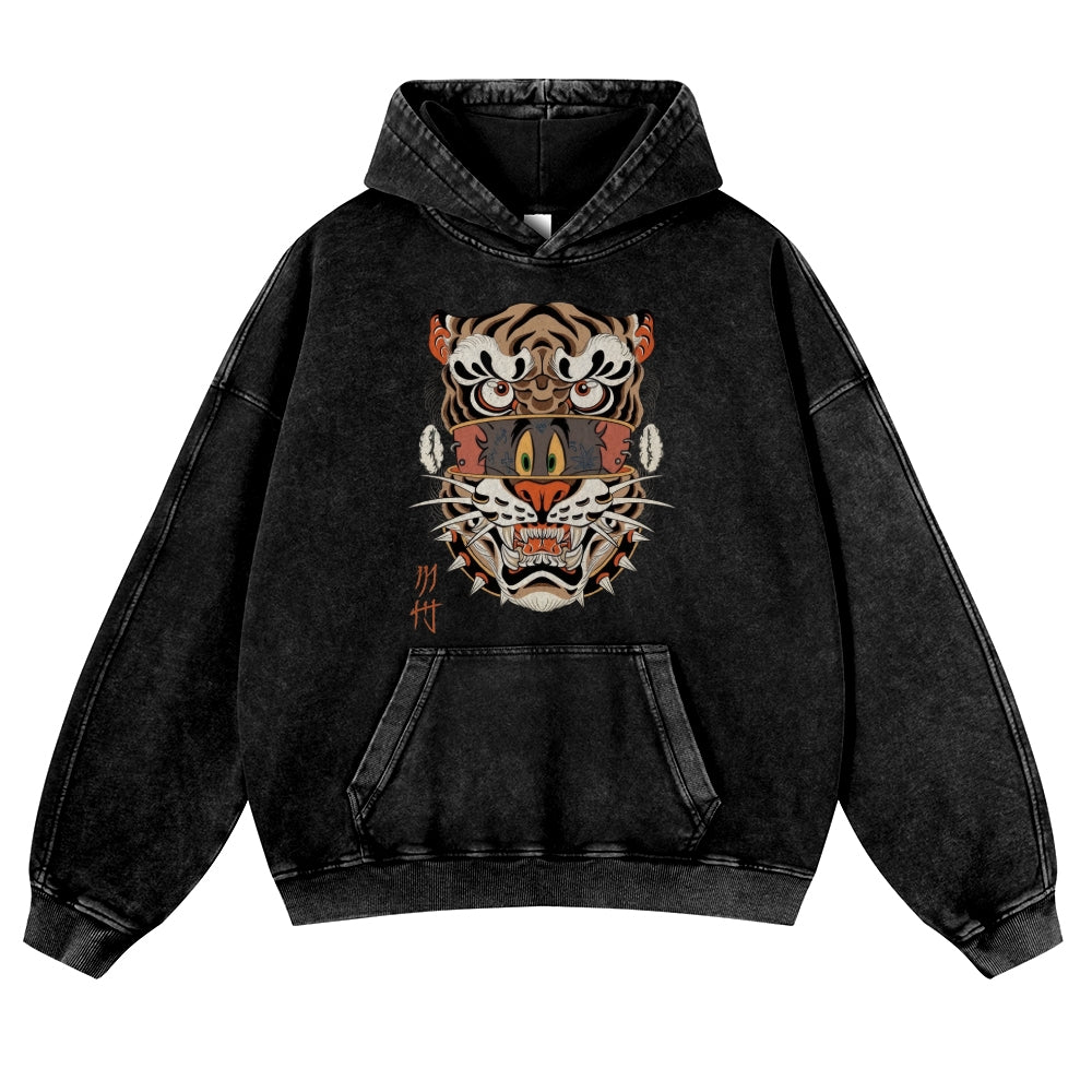 Cat Tiger Tattoo Vintage Washed Thick Cotton Hoodie