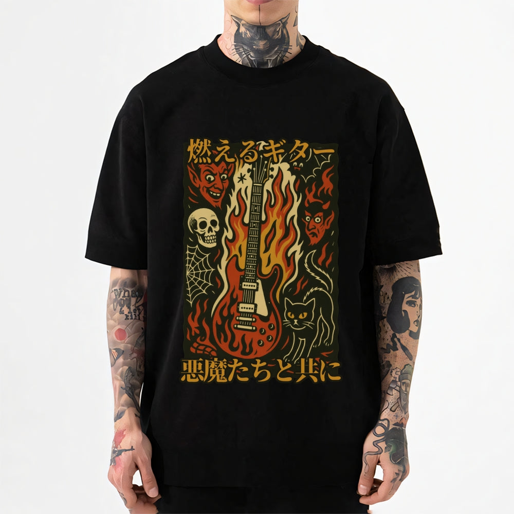 Flame Guitar Skull Japanese Style Classic Tee