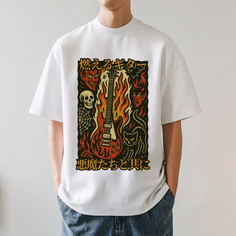 Flame Guitar Skull Japanese Style Classic Tee
