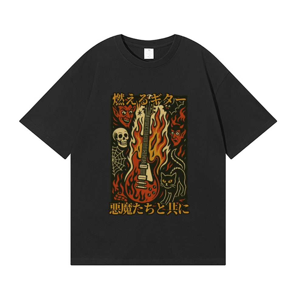 Flame Guitar Skull Japanese Style Classic Tee